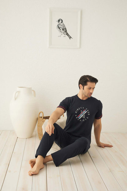 Falkon Erkek Kısa Kollu Önü Desenli Pijama Takımı Süprem
