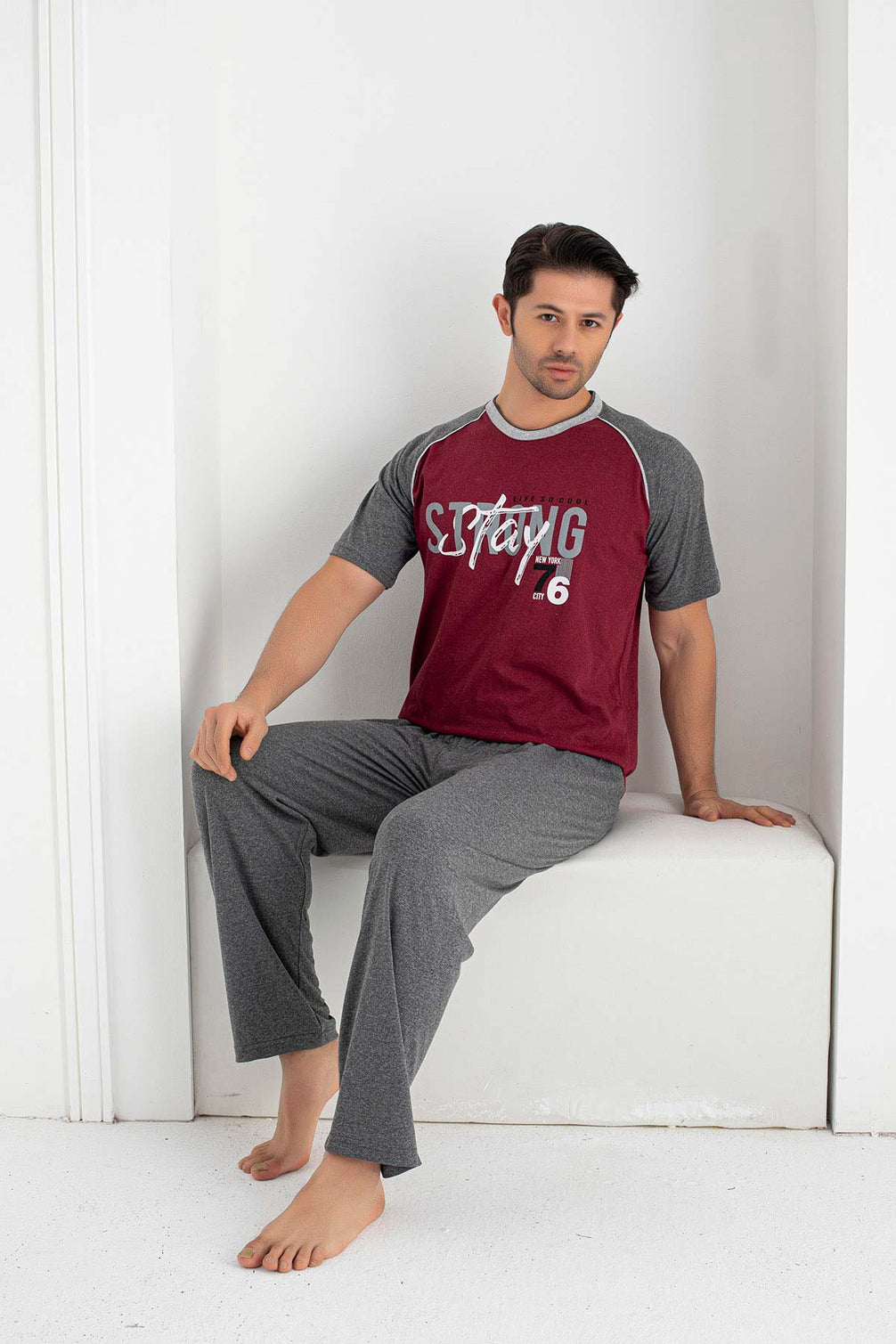 Falkon Erkek Kısa Kollu Strong Yazılı Büyük Beden Pijama Takımı Süprem