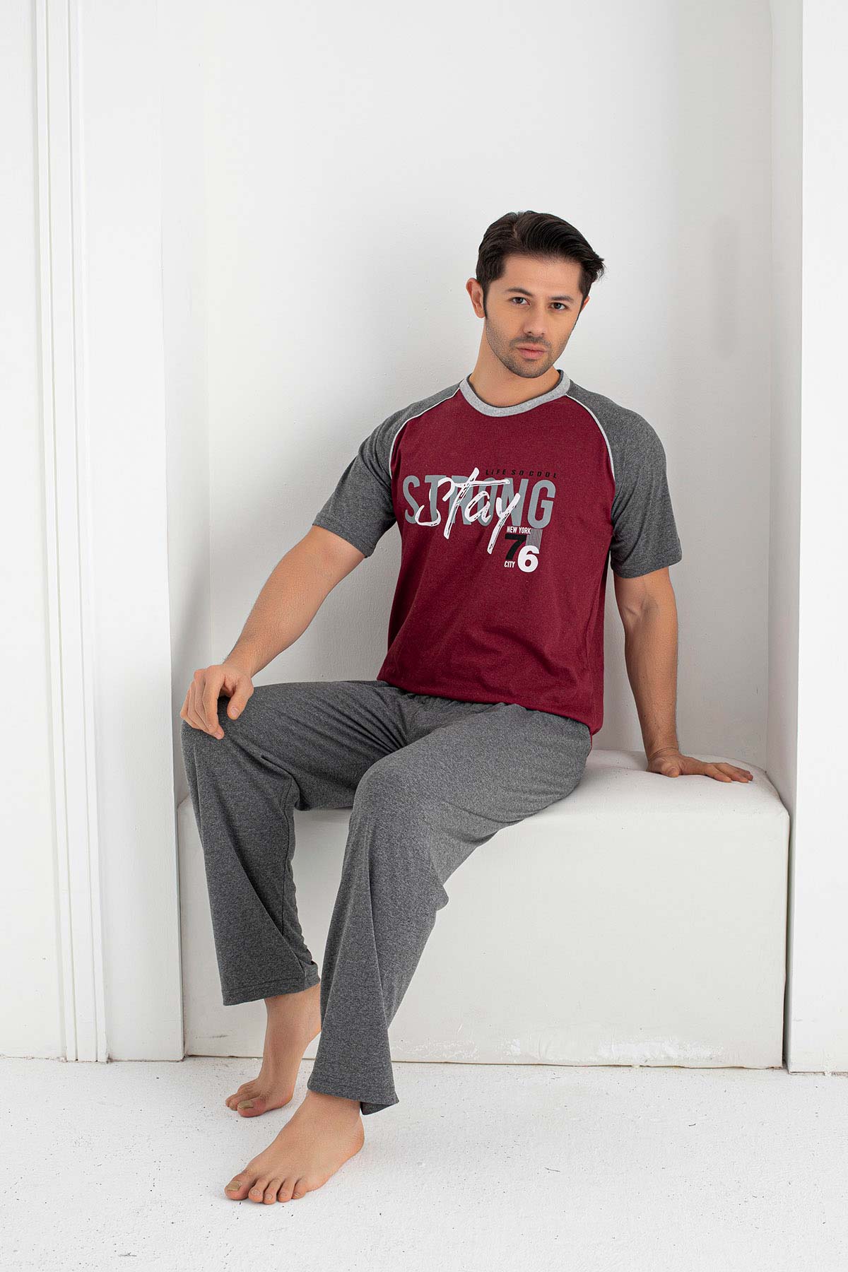 Falkon Erkek Kısa Kollu Strong Yazılı Büyük Beden Pijama Takımı Süprem
