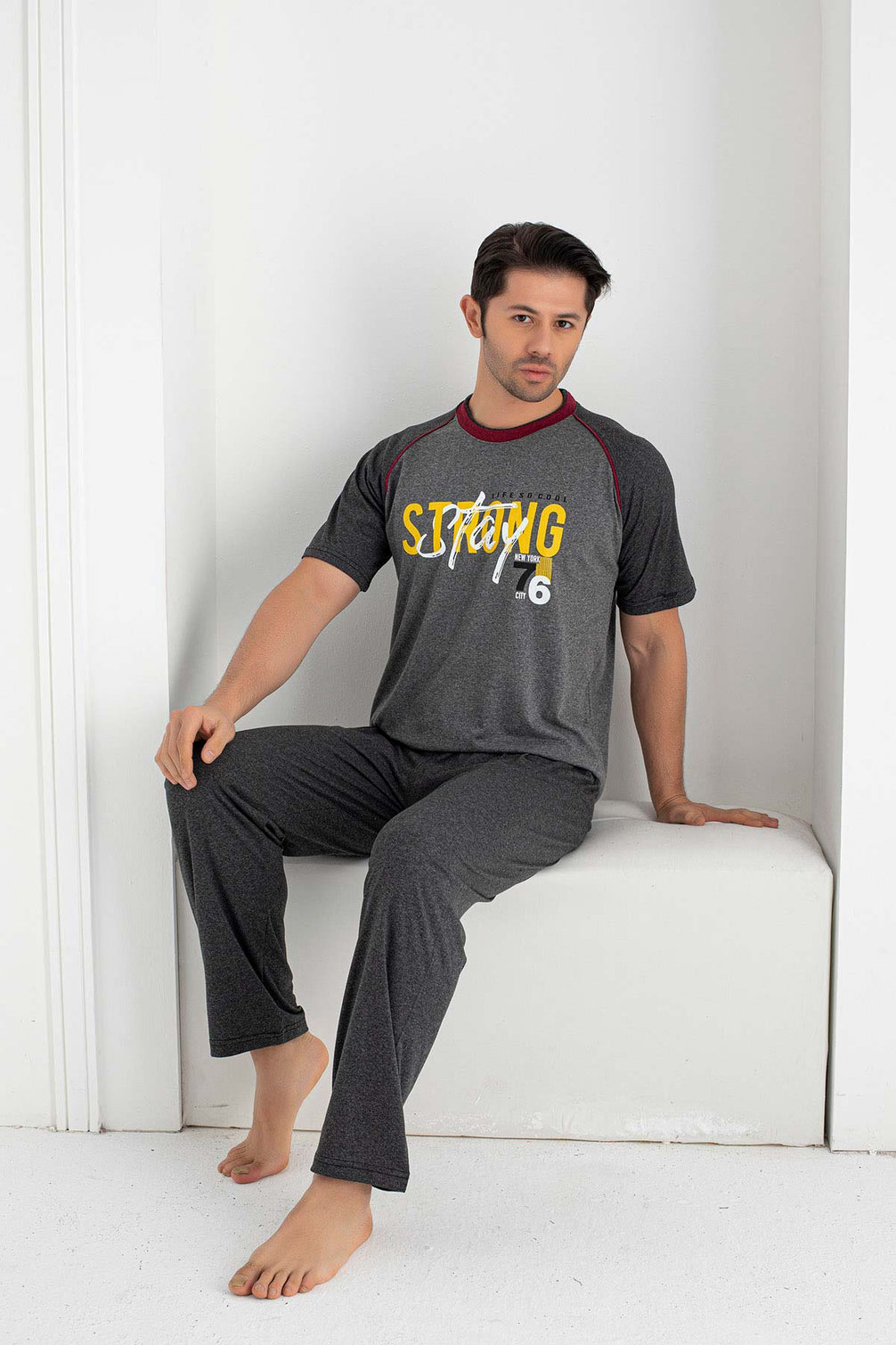 Falkon Erkek Kısa Kollu Strong Yazılı Büyük Beden Pijama Takımı Süprem
