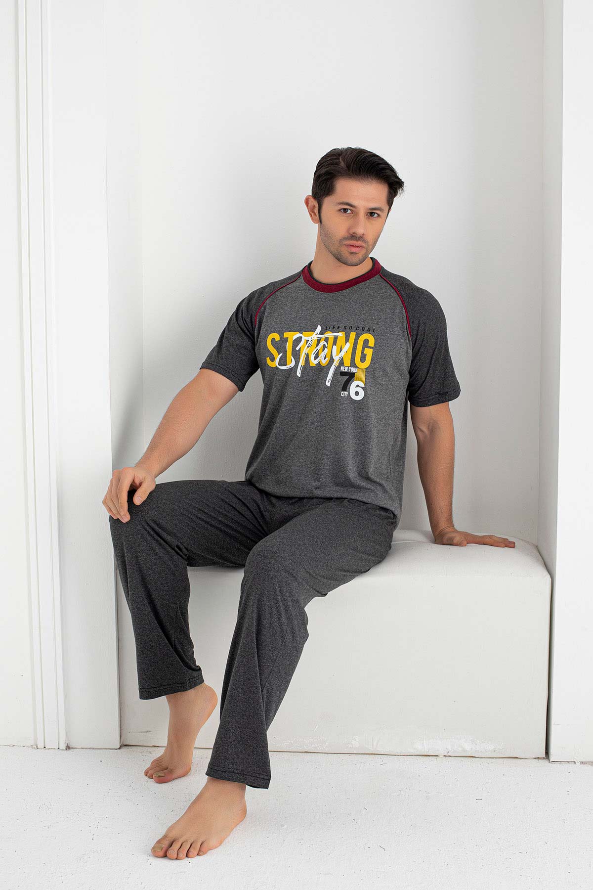 Falkon Erkek Kısa Kollu Strong Yazılı Büyük Beden Pijama Takımı Süprem