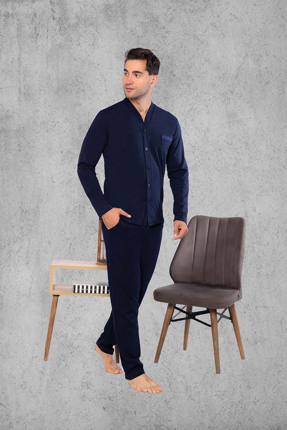 Fapi Erkek Gömlek Yaka Uzun Kollu Büyük Beden Pijama Takımı Penye