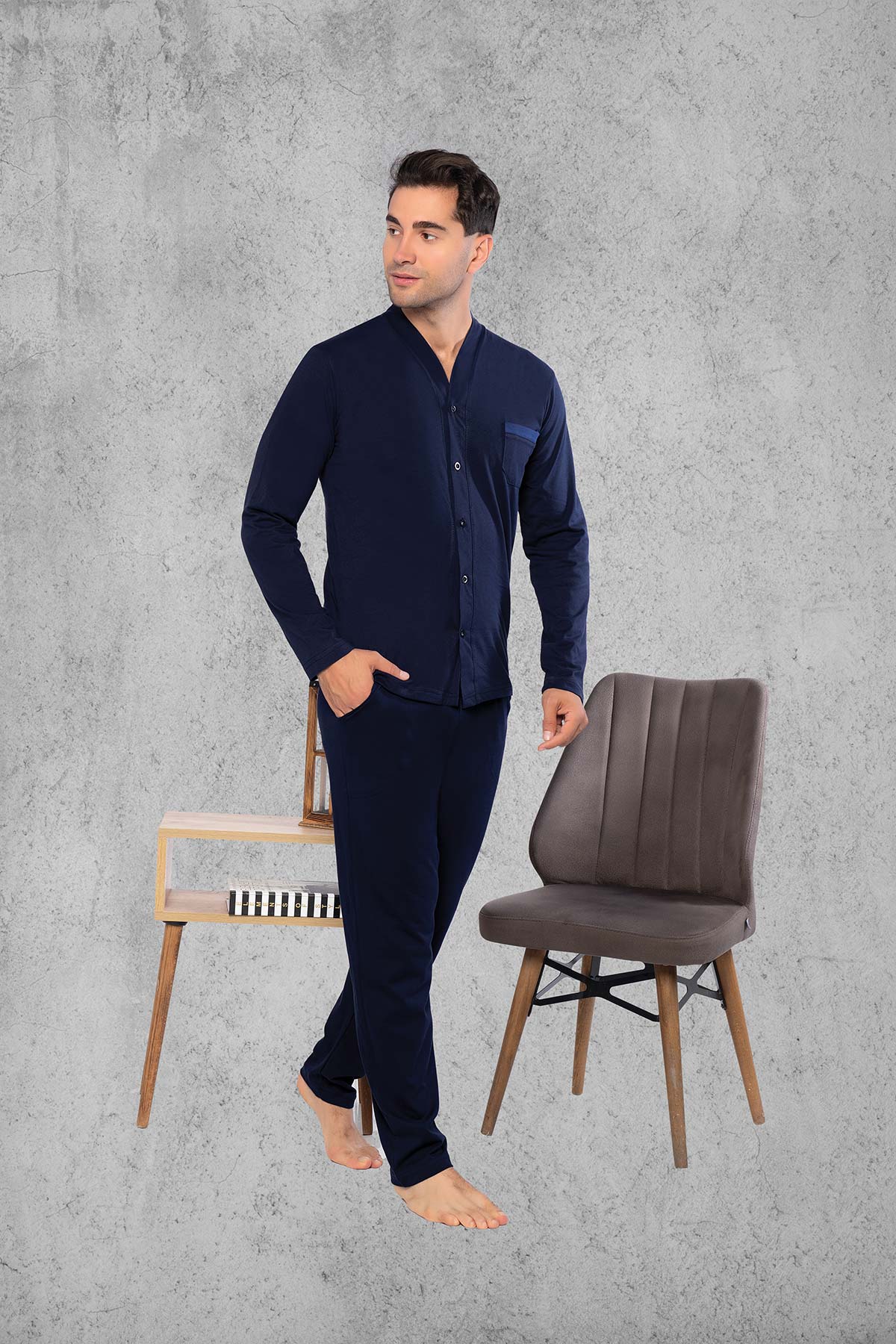 Fapi Erkek Gömlek Yaka Uzun Kollu Büyük Beden Pijama Takımı Penye