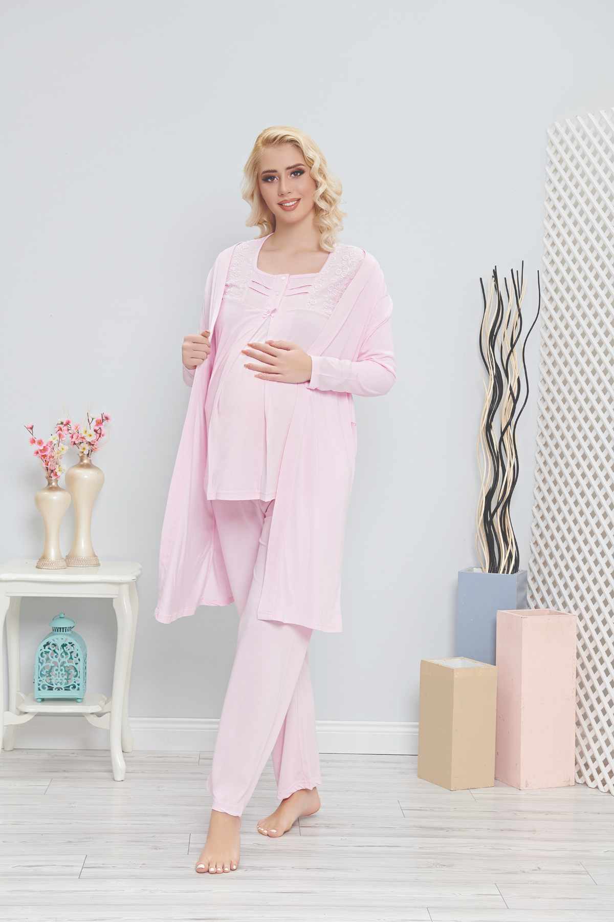 Fapi Kadın Lohusa Pijama Takımı Uzun Kol Dantelli