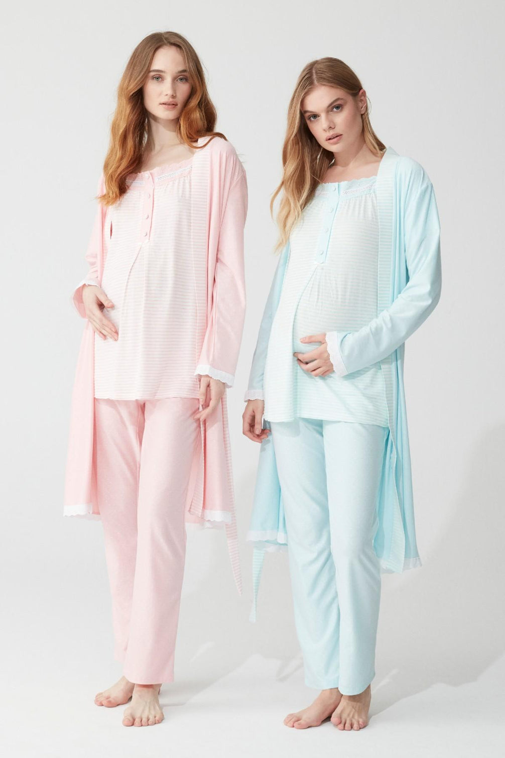 Feyza Kadın Lohusa 3'lü Pijama Takımı Yarım Kol Güpürlü 4 Düğmeli