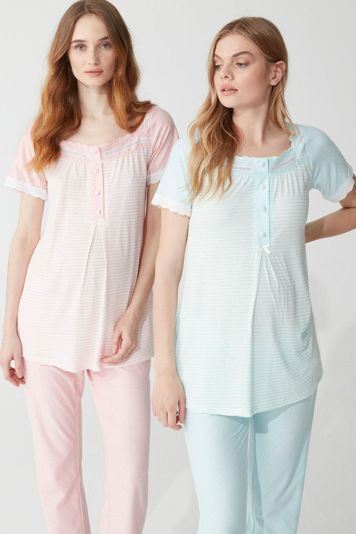 Feyza Kadın Lohusa 3'lü Pijama Takımı Yarım Kol Güpürlü 4 Düğmeli