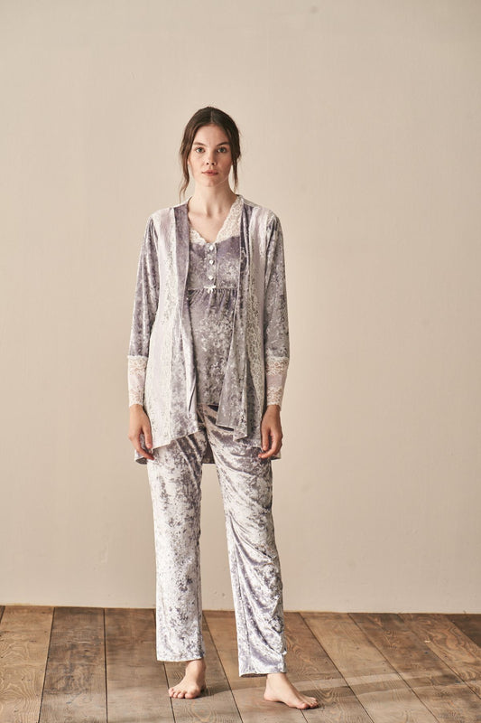 Feyza Kadın Lohusa Pijama Takımı Kadife Omuz Dantel Detaylı