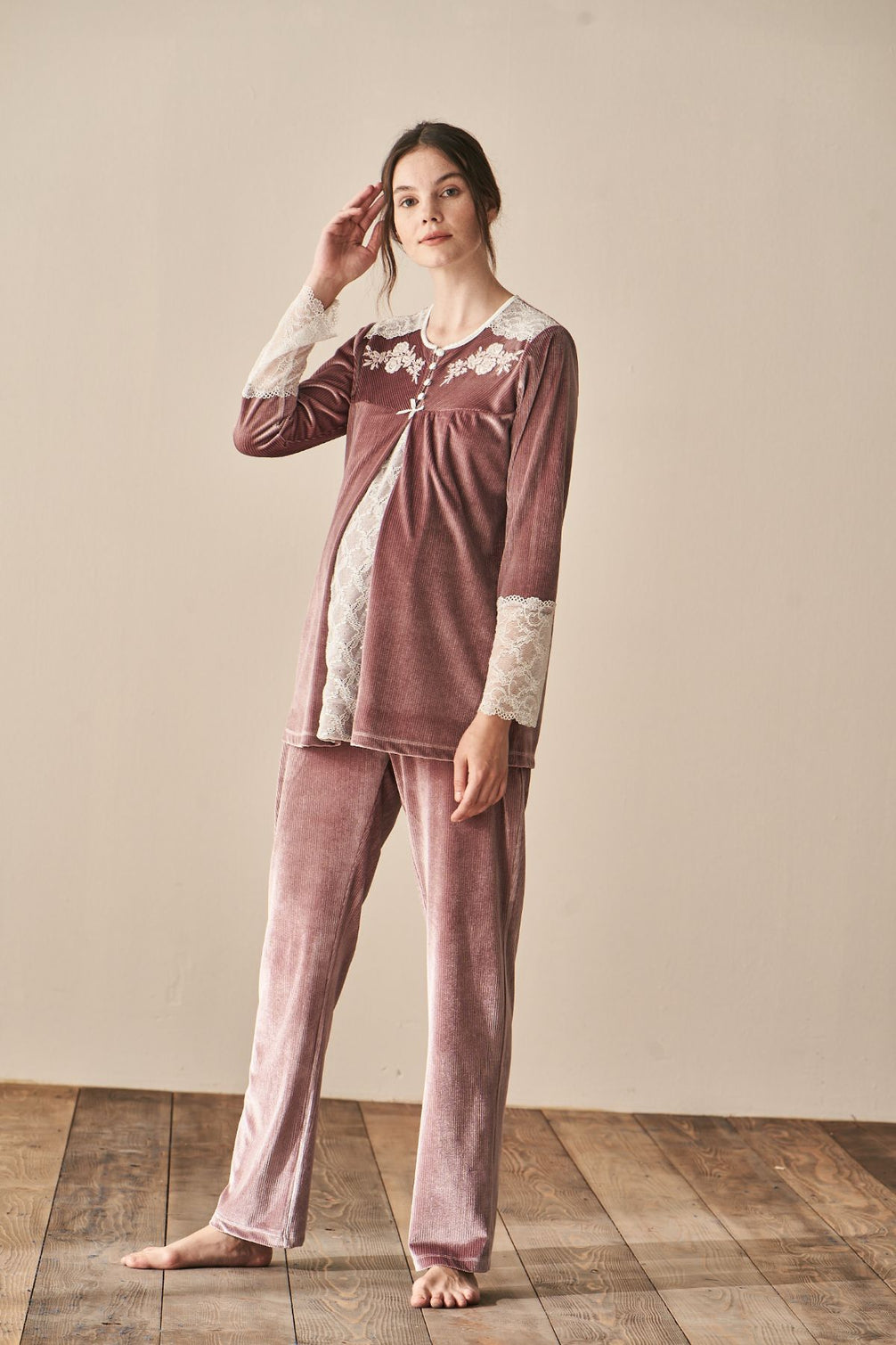 Feyza Kadın Lohusa Pijama Takımı Pilikaşeli Robalı Kol Dantelli