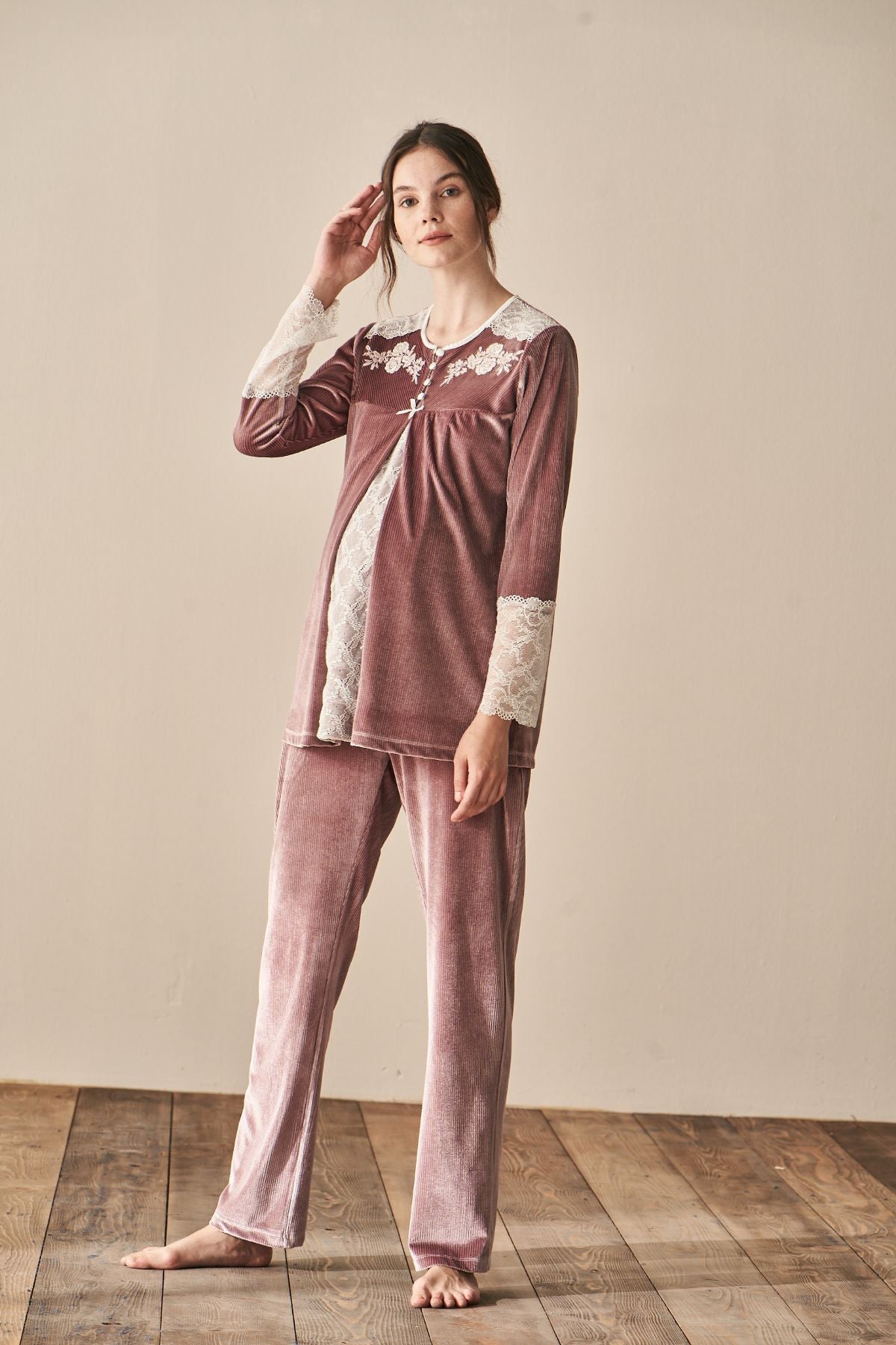 Feyza Kadın Lohusa Pijama Takımı Pilikaşeli Robalı Kol Dantelli
