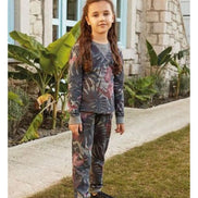 Feyza Kız Çocuk 2'li Pijama Takımı Yaprak Desenli Paça Kol Manşetli