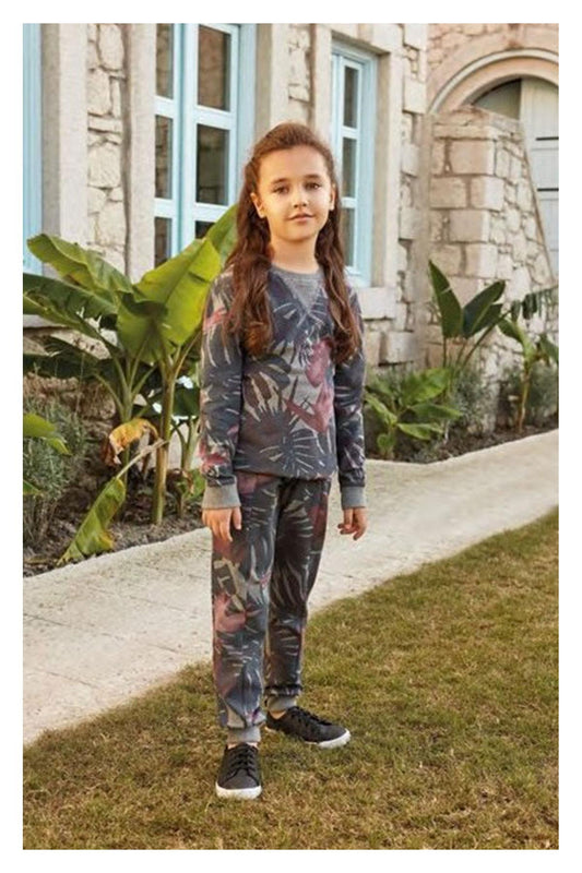 Feyza Kız Çocuk 2'li Pijama Takımı Yaprak Desenli Paça Kol Manşetli
