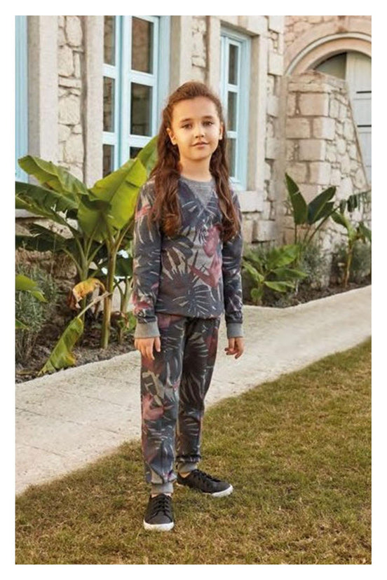 Feyza Kız Çocuk 2'li Pijama Takımı Yaprak Desenli Paça Kol Manşetli