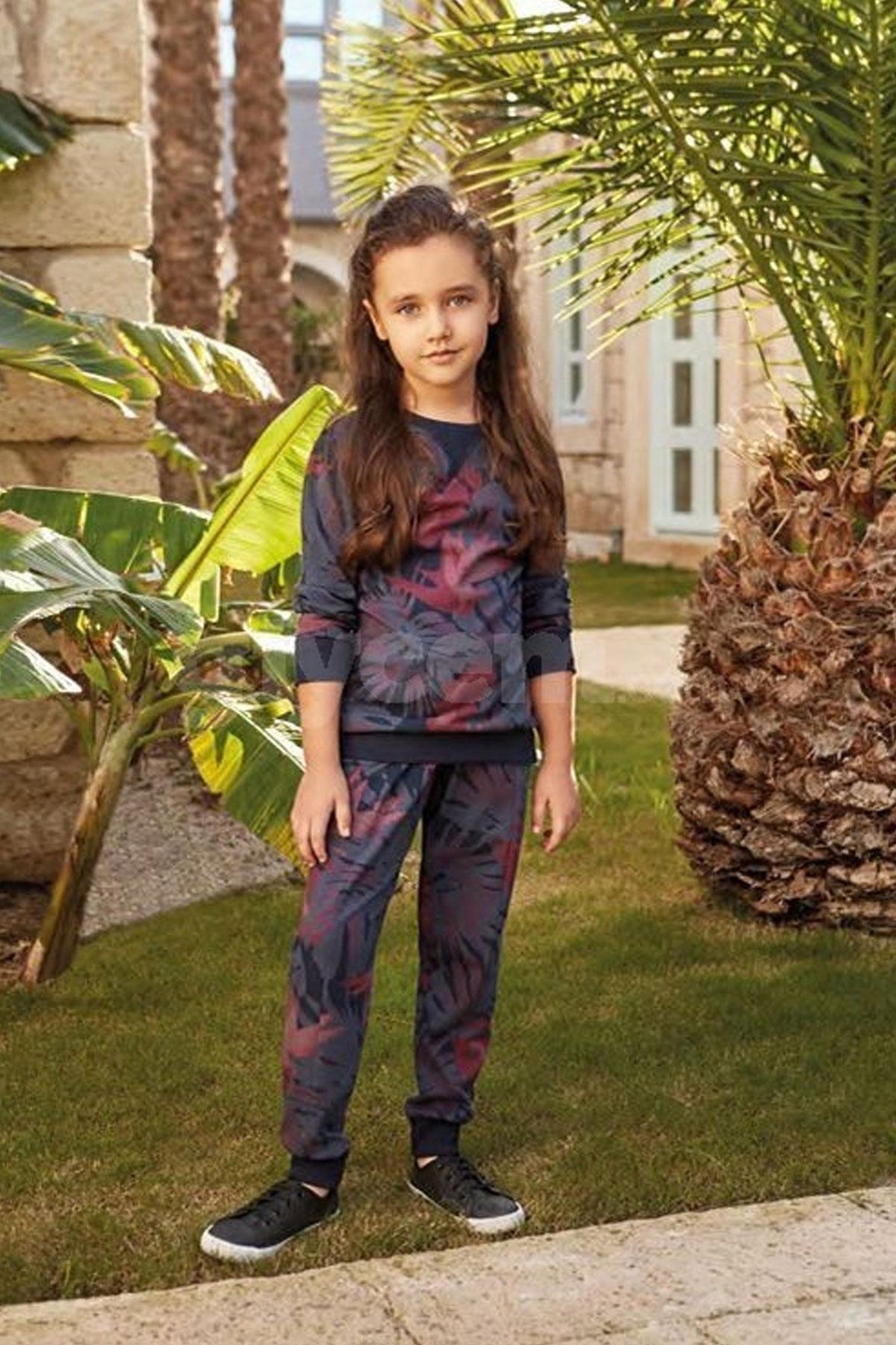 Feyza Kız Çocuk 2'li Pijama Takımı Yaprak Desenli Paça Kol Manşetli