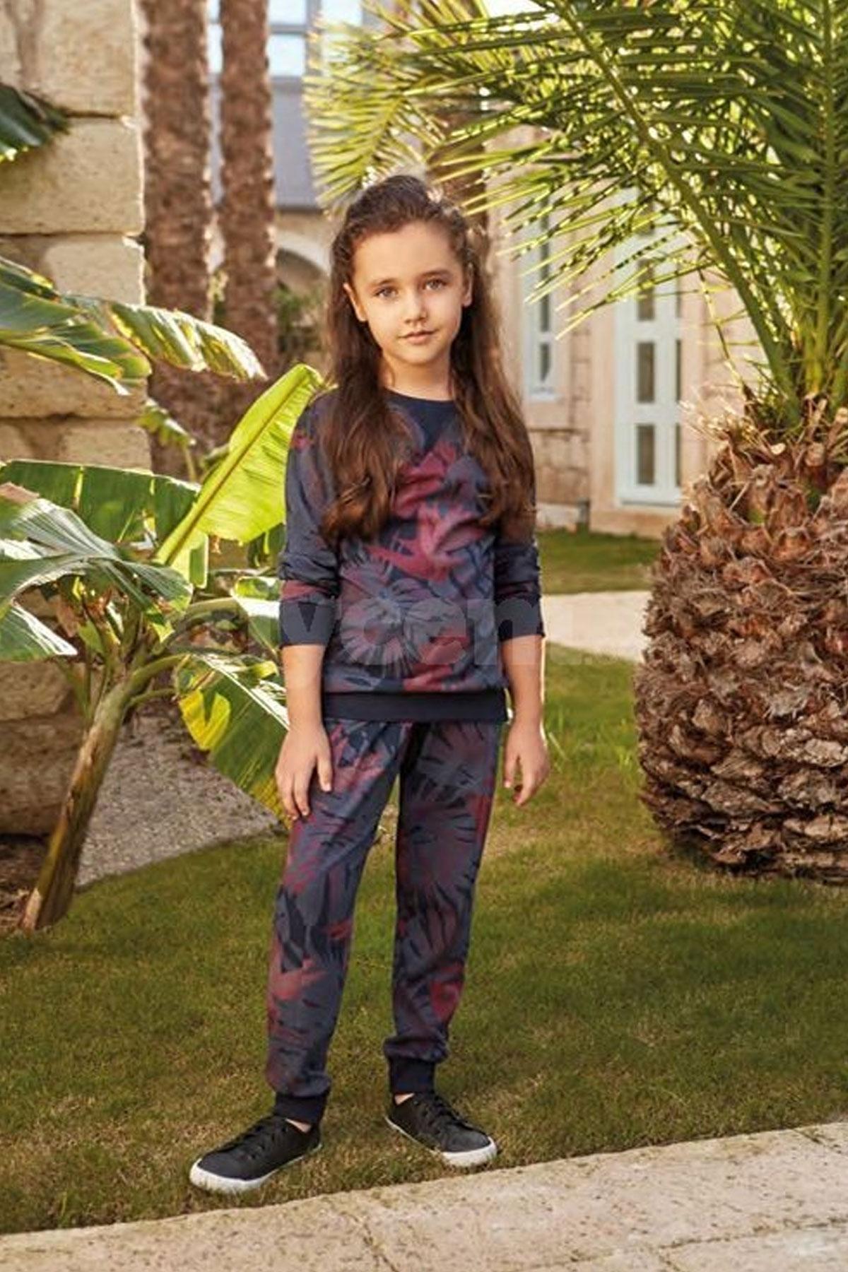Feyza Kız Çocuk 2'li Pijama Takımı Yaprak Desenli Paça Kol Manşetli