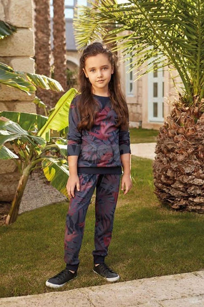 Feyza Kız Çocuk 2'li Pijama Takımı Yaprak Desenli Paça Kol Manşetli