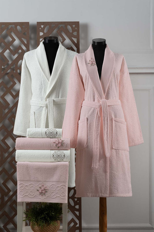 Fiesta Elite Buklet Jakarlı 3D Nakışlı 6 Parça Bornoz Seti %100 Pamuk