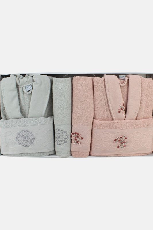 Fiesta Elite Buklet Jakarlı 3D Nakışlı 6 Parça Bornoz Seti %100 Pamuk