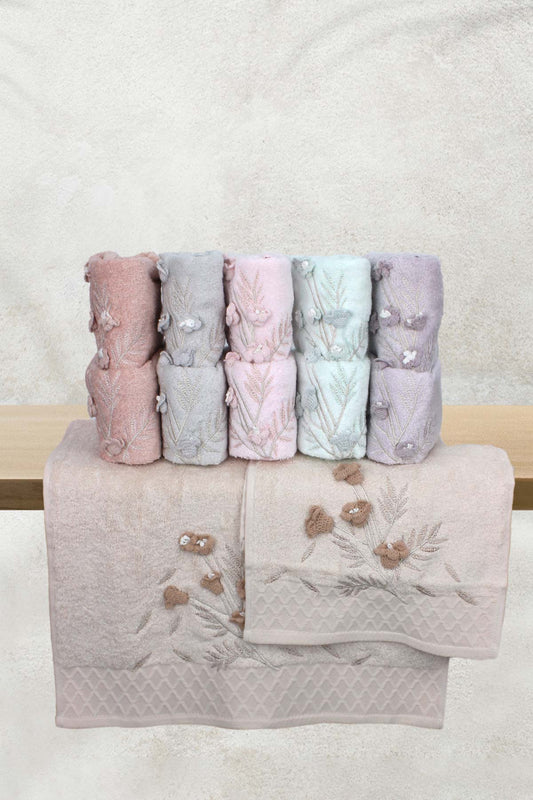 Fiesta Sakura 3D El İşi Nakışlı Analı Kızlı El Yüz Havlusu Bambu 30x50 50x90