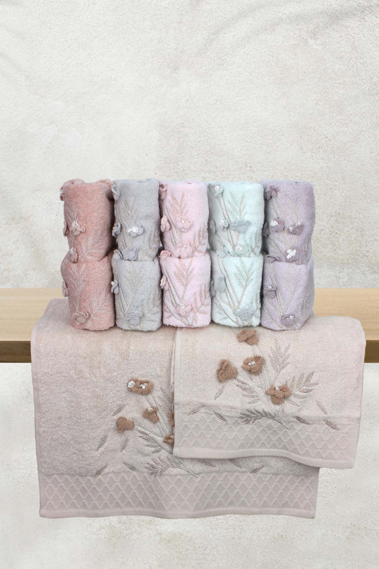 Fiesta Sakura 3D El İşi Nakışlı Analı Kızlı El Yüz Havlusu Bambu 30x50 50x90