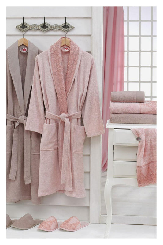 Fiesta Unisex Yetişkin Bornoz Seti Güpürlü 6 Parça