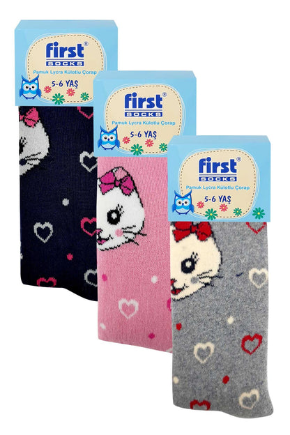 First Kız Bebek Külotlu Çorap Havlu Kalpli Kedi Desenli