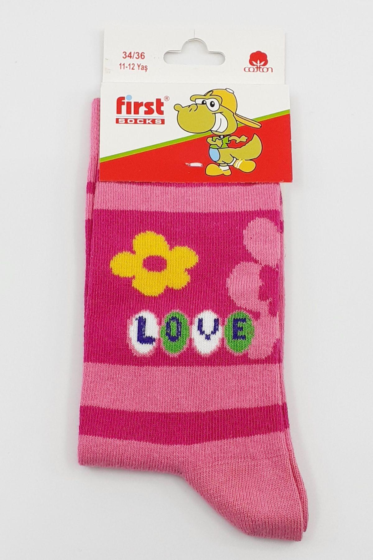 First Kız Çocuk Soket Çorap Love Desenli
