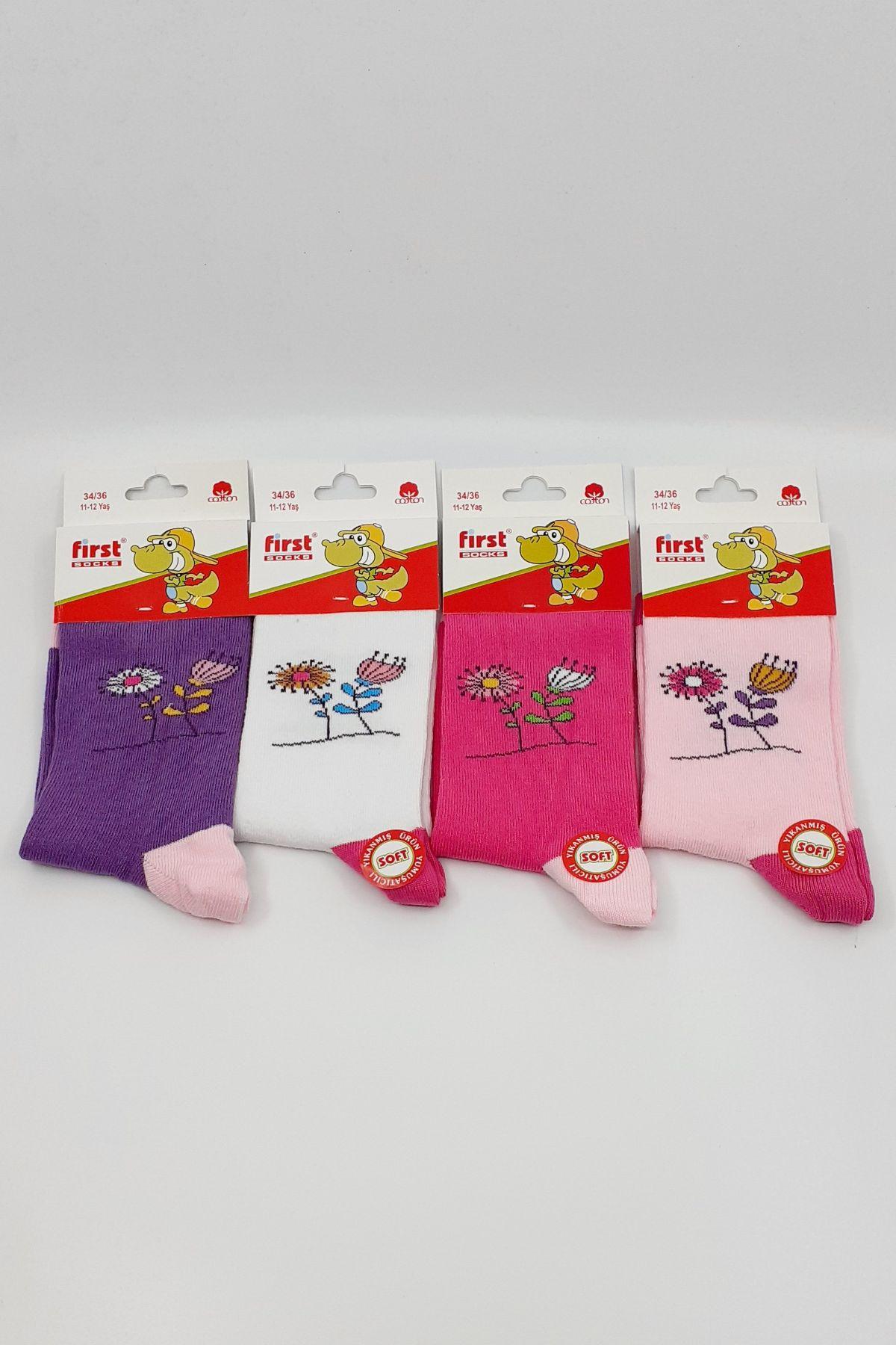 First Kız Çocuk Soket Çorap Silikon Yıkamalı Çiçekli Kalp Desenli