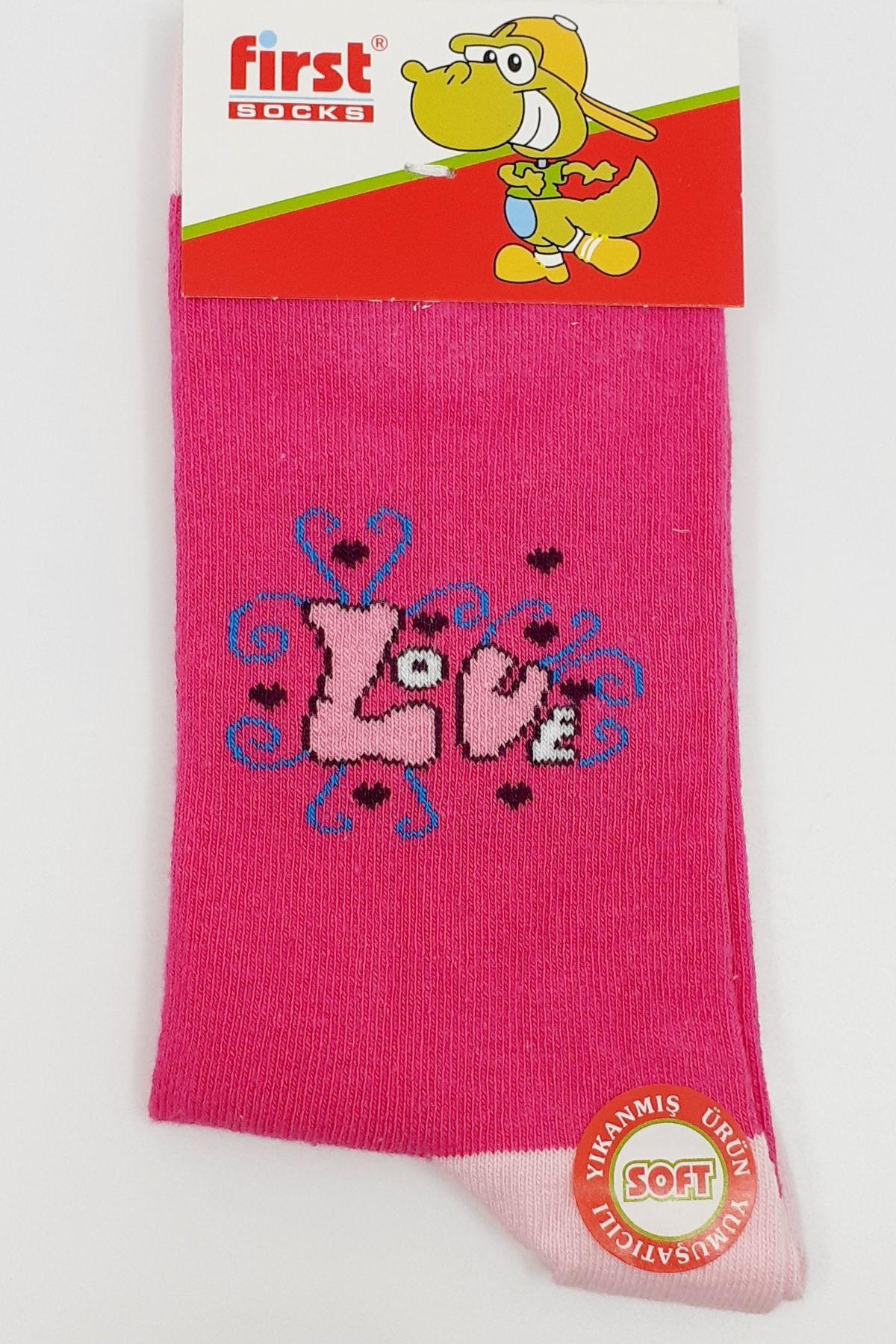 First Kız Çocuk Soket Çorap Yıkamalı Love Desenli Likralı