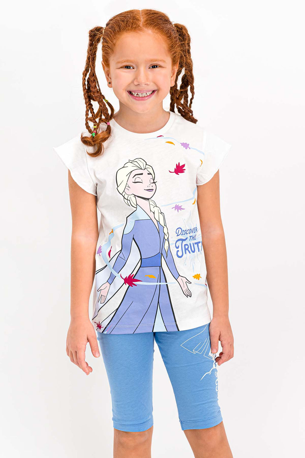 Frozen Lisanslı Kız Çocuk 2'li Kapri Taytlı Takım Yarım Kol Elsa Desenli Kol Fırfırlı