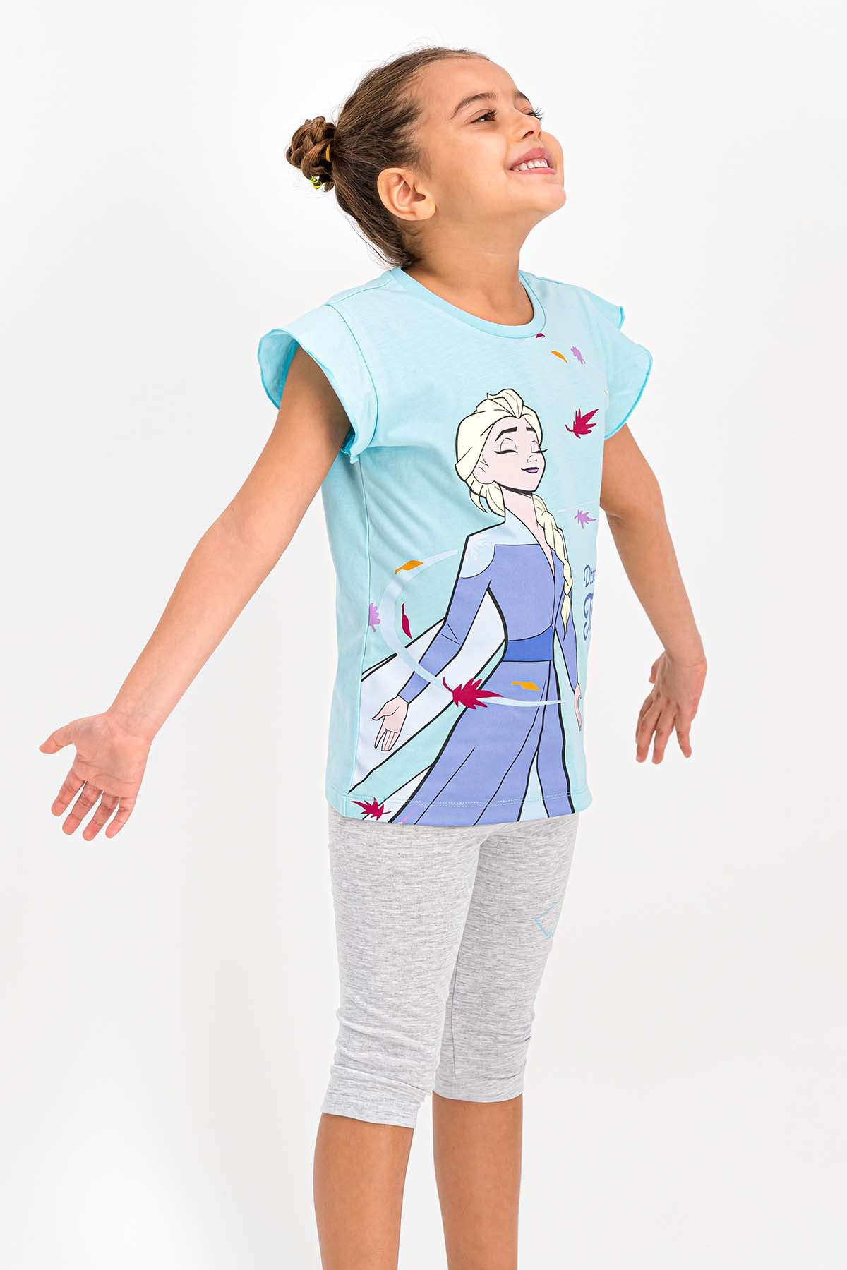 Frozen Lisanslı Kız Çocuk 2'li Kapri Taytlı Takım Yarım Kol Elsa Desenli Kol Fırfırlı