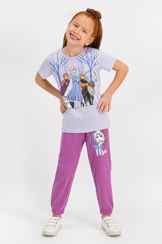 Frozen Lisanslı Kız Çocuk 2'li Pijama Takımı Yarım Kol Elsa Desenli Paça Lastikli