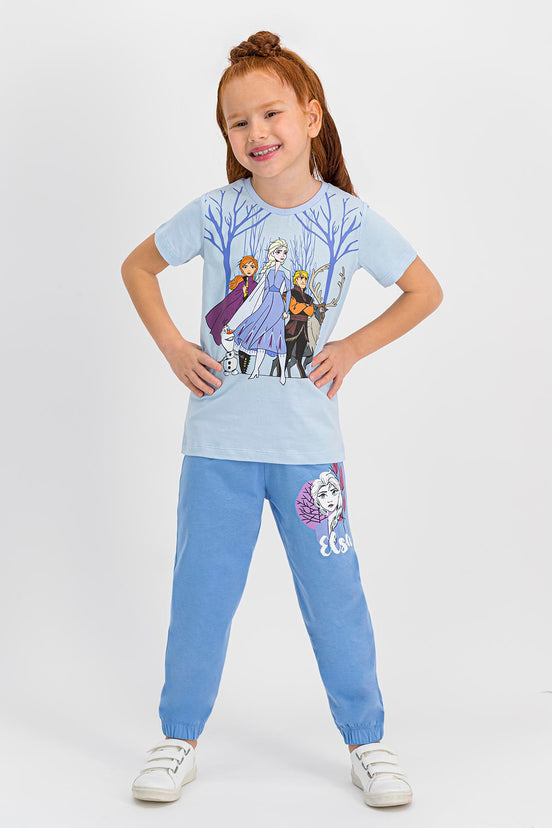 Frozen Lisanslı Kız Çocuk 2'li Pijama Takımı Yarım Kol Elsa Desenli Paça Lastikli