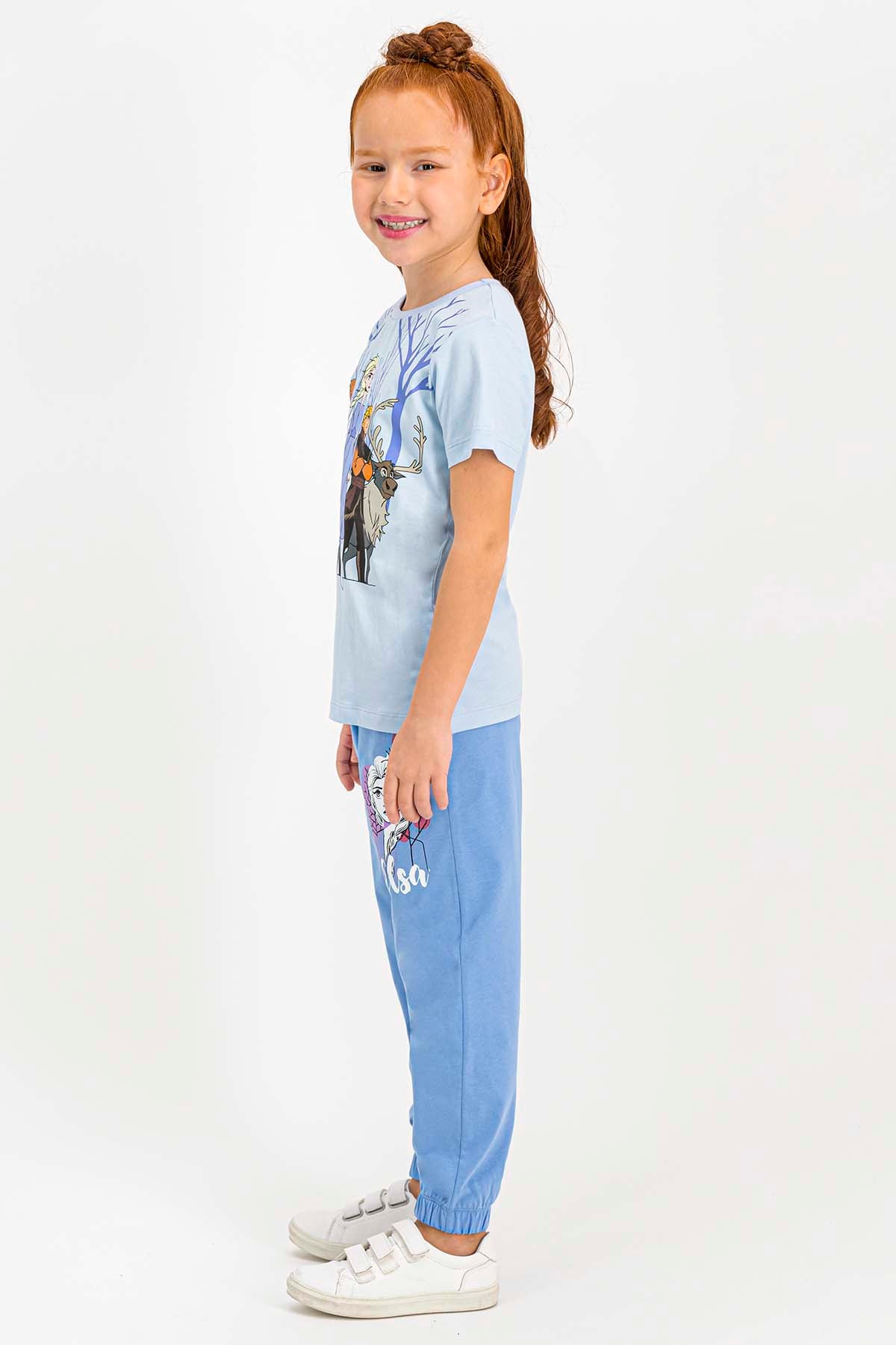 Frozen Lisanslı Kız Çocuk 2'li Pijama Takımı Yarım Kol Elsa Desenli Paça Lastikli
