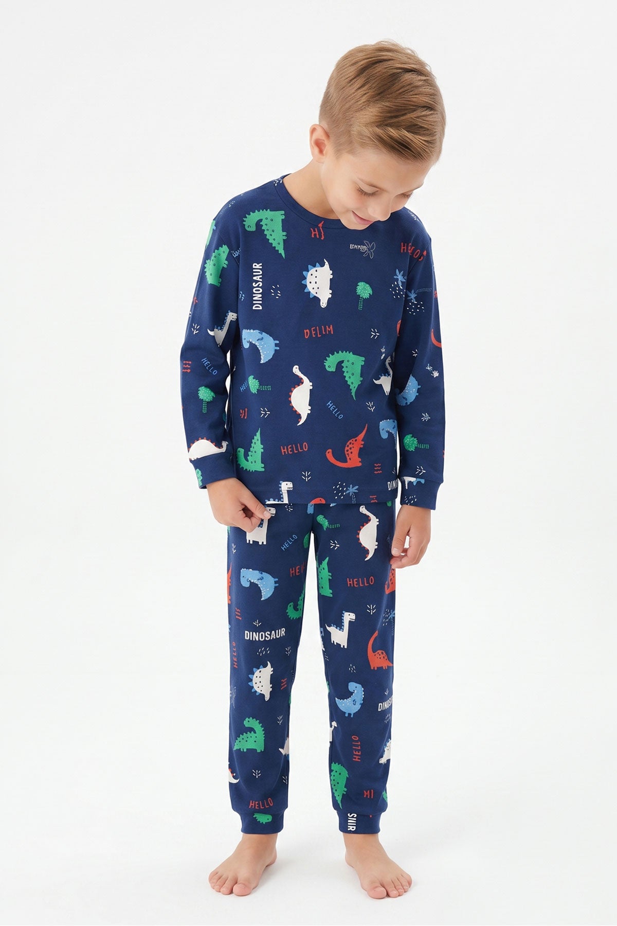 İsobel Erkek Garson Pijama Takımı Uzun Kollu Dino-Kaplumbağa Desenli