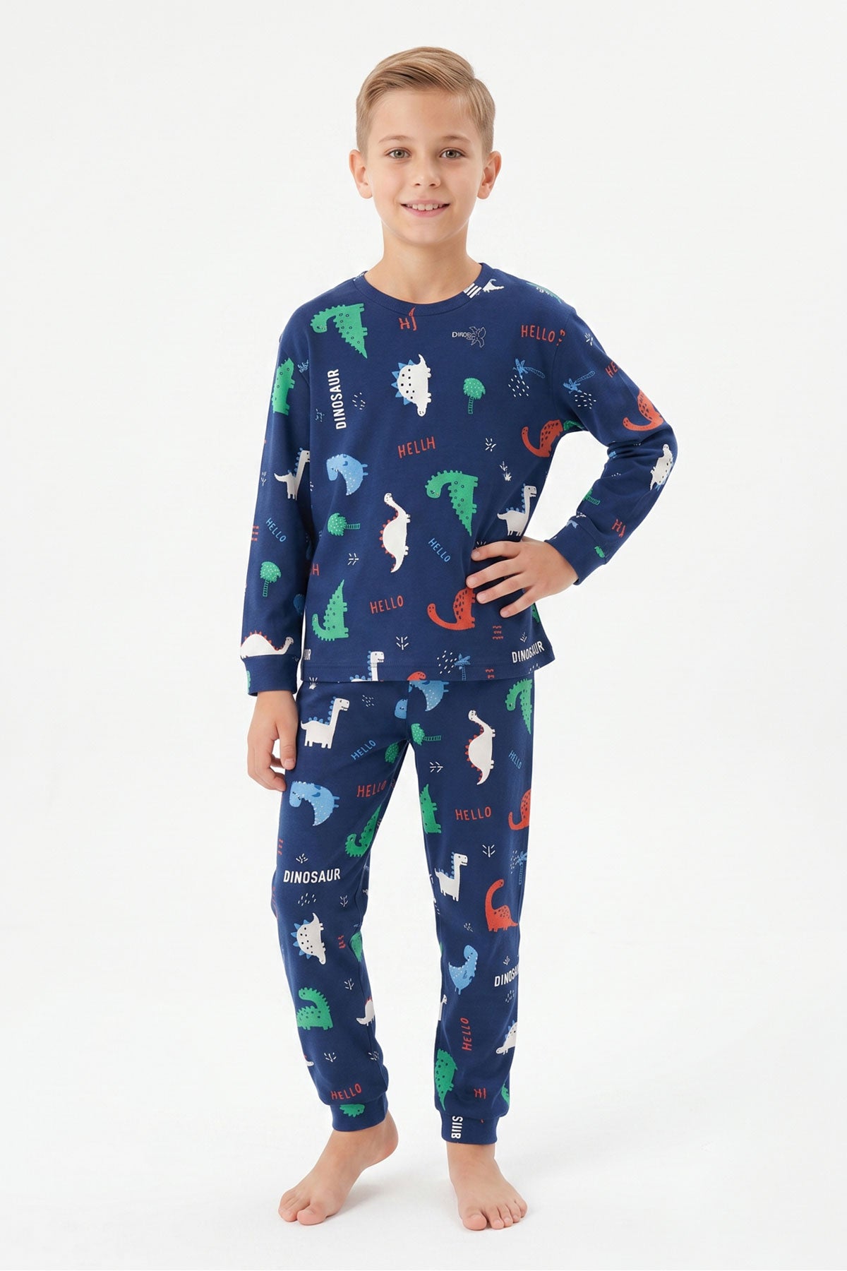 İsobel Erkek Garson Pijama Takımı Uzun Kollu Dino-Kaplumbağa Desenli