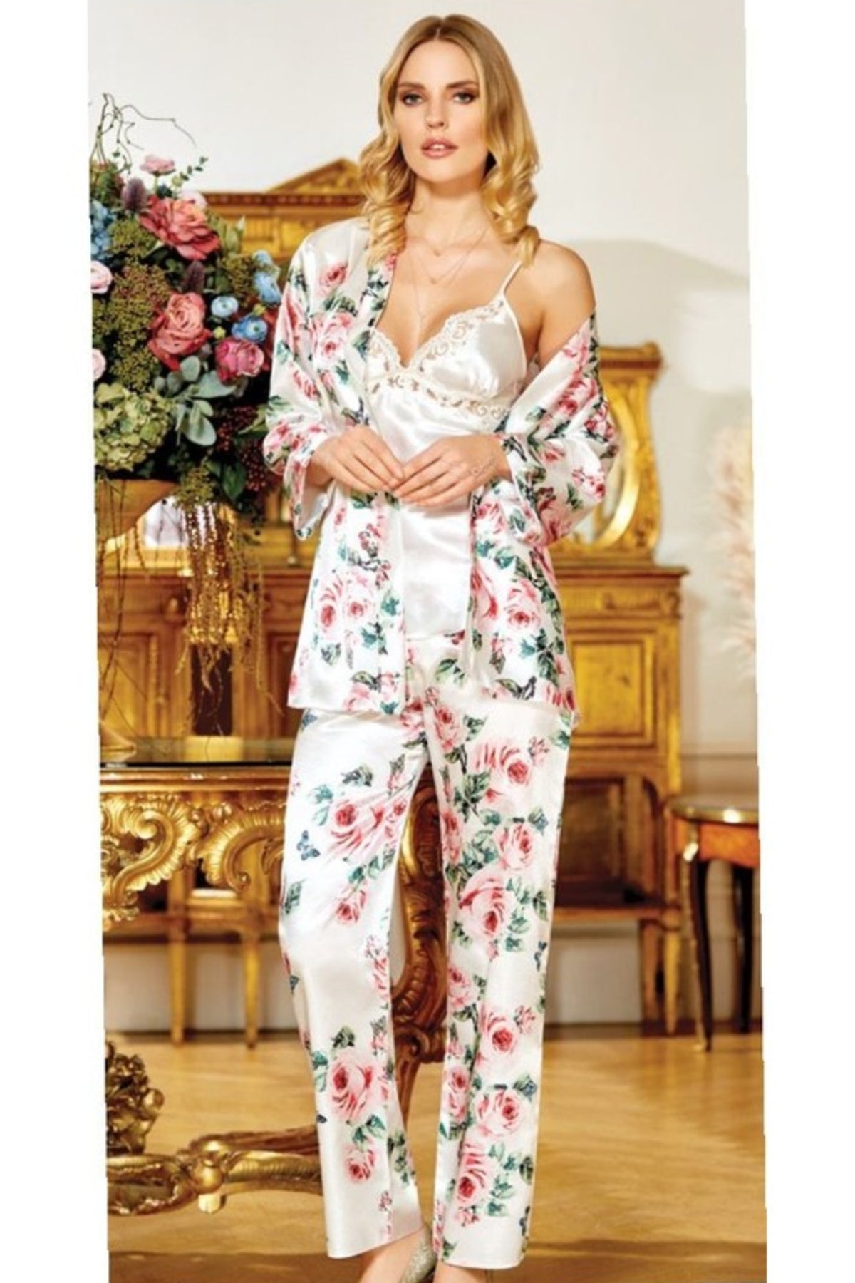 Jeremi Kadın Fantezi 3'lü Pijama Takımı Saten Desenli