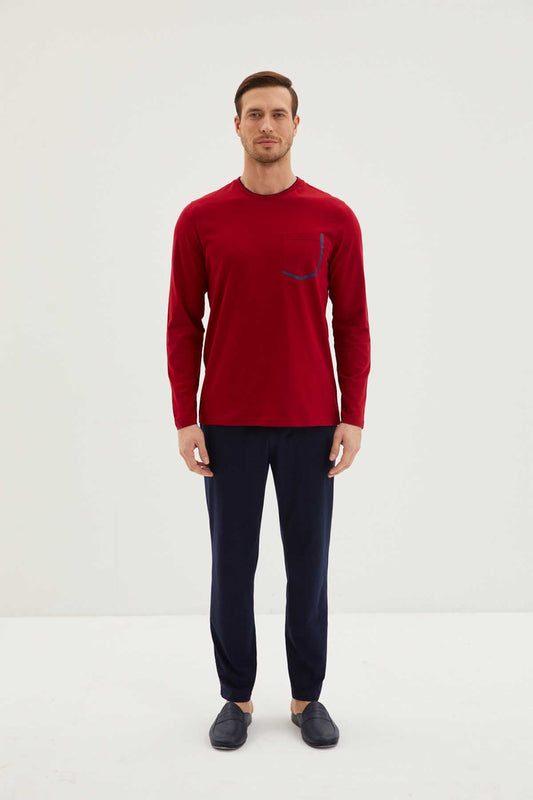 Kiğılı Erkek Kontrast Bisiklet Yaka Uzun Kollu Pijama Takımı