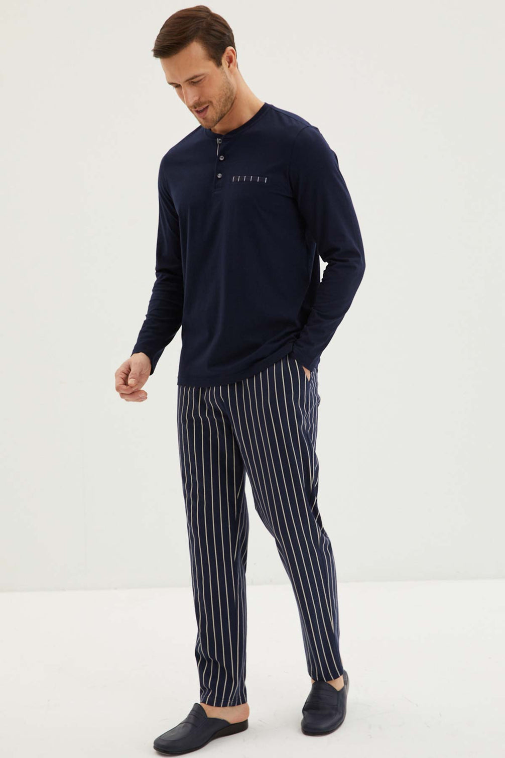 Kiğılı Erkek Patlı Uzun Kollu Pijama Takımı Çizgili Alt