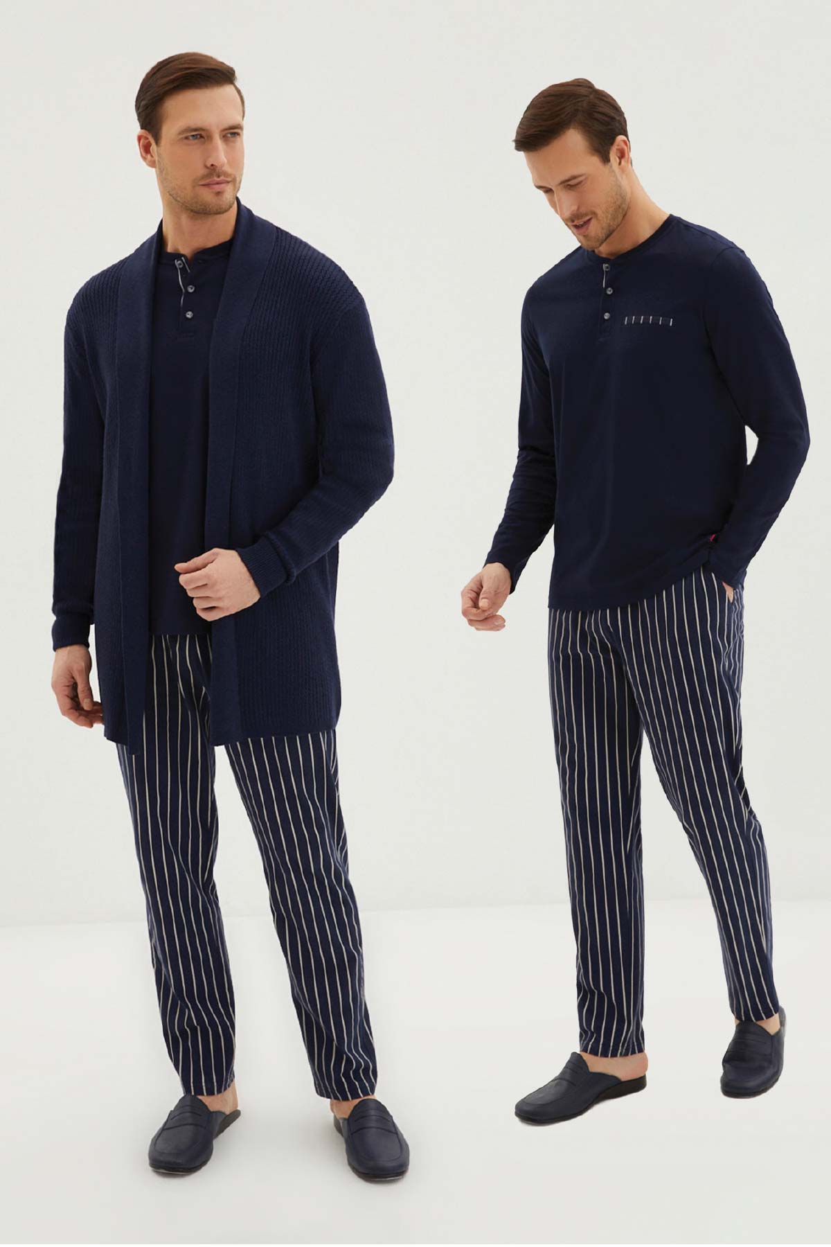 Kiğılı Erkek Pijama Takımı 3 Düğmeli Pijaması Çizgili 3'lü Rob Takım Penye