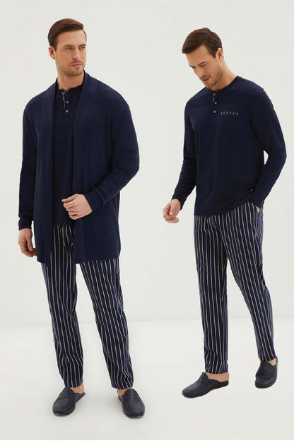 Kiğılı Erkek Pijama Takımı 3 Düğmeli Pijaması Çizgili 3'lü Rob Takım Penye
