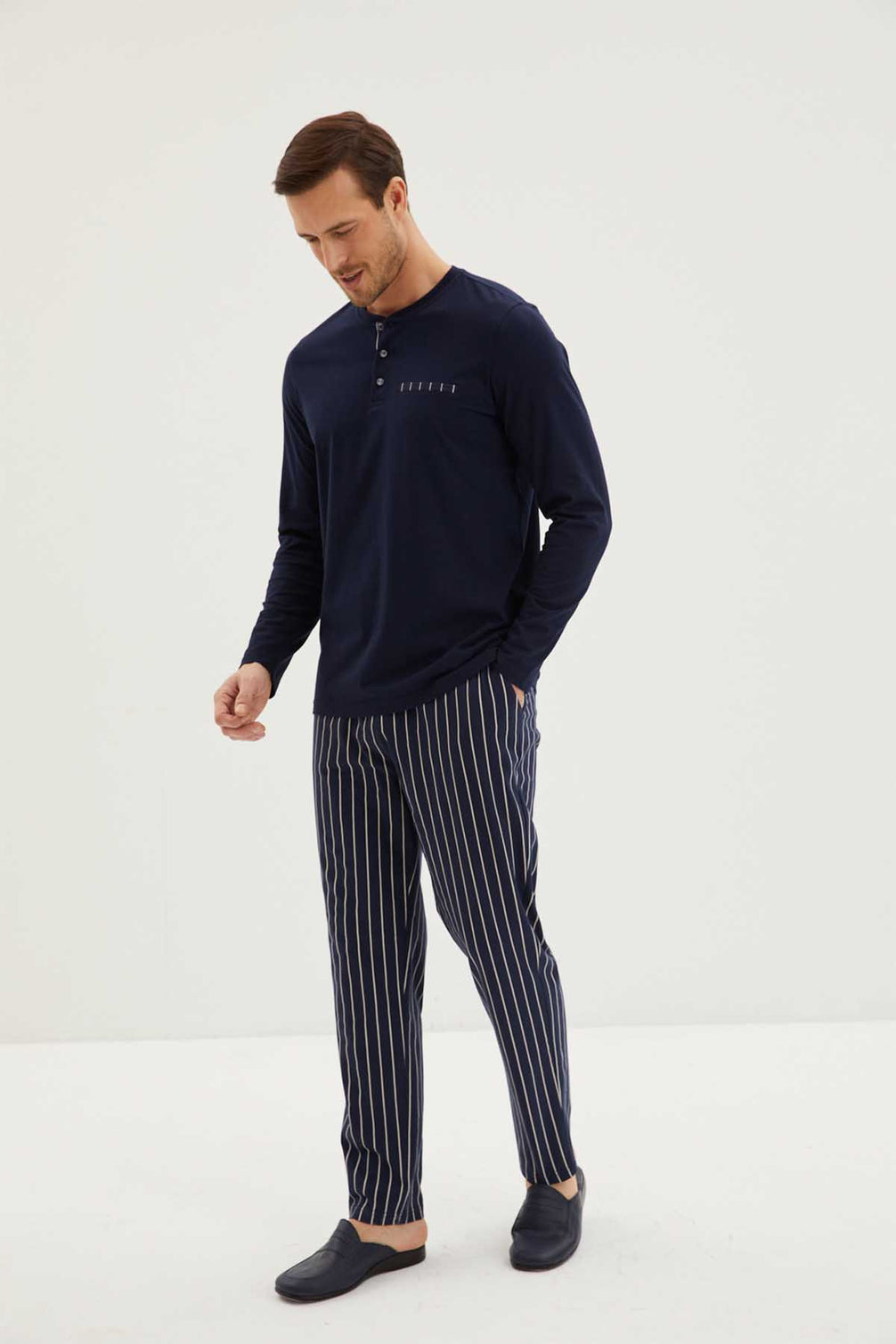 Kiğılı Erkek Pijama Takımı 3 Düğmeli Pijaması Çizgili 3'lü Rob Takım Penye
