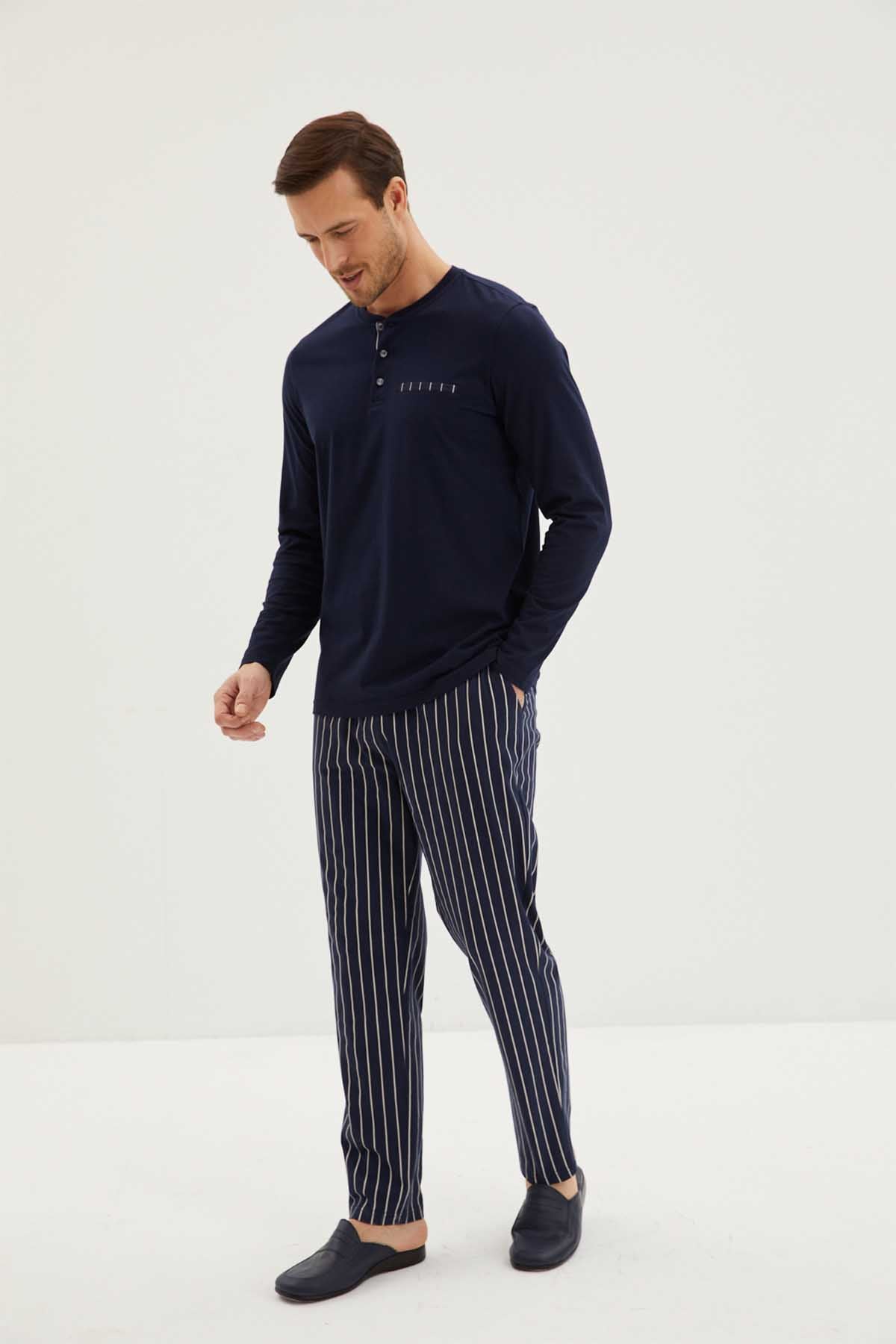 Kiğılı Erkek Pijama Takımı 3 Düğmeli Pijaması Çizgili 3'lü Rob Takım Penye
