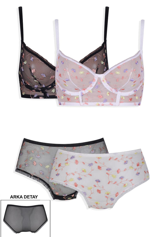 Koza Kadın Bralet Takım Balenli Transparan Tül Çiçekli