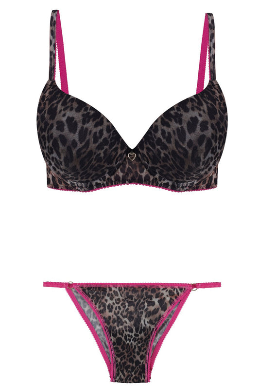 Koza Kadın Destekli Sütyen Külot Takımı Dijital Leopar Basklı Kalp Aksesuarlı