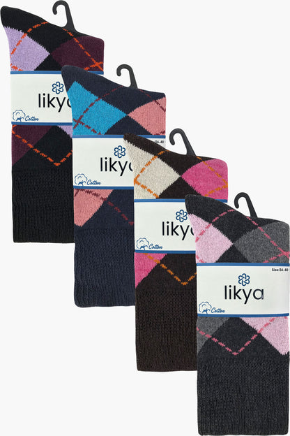 Likya Kadın Soket Çorap Havlu Ekose Pamuklu Comfort
