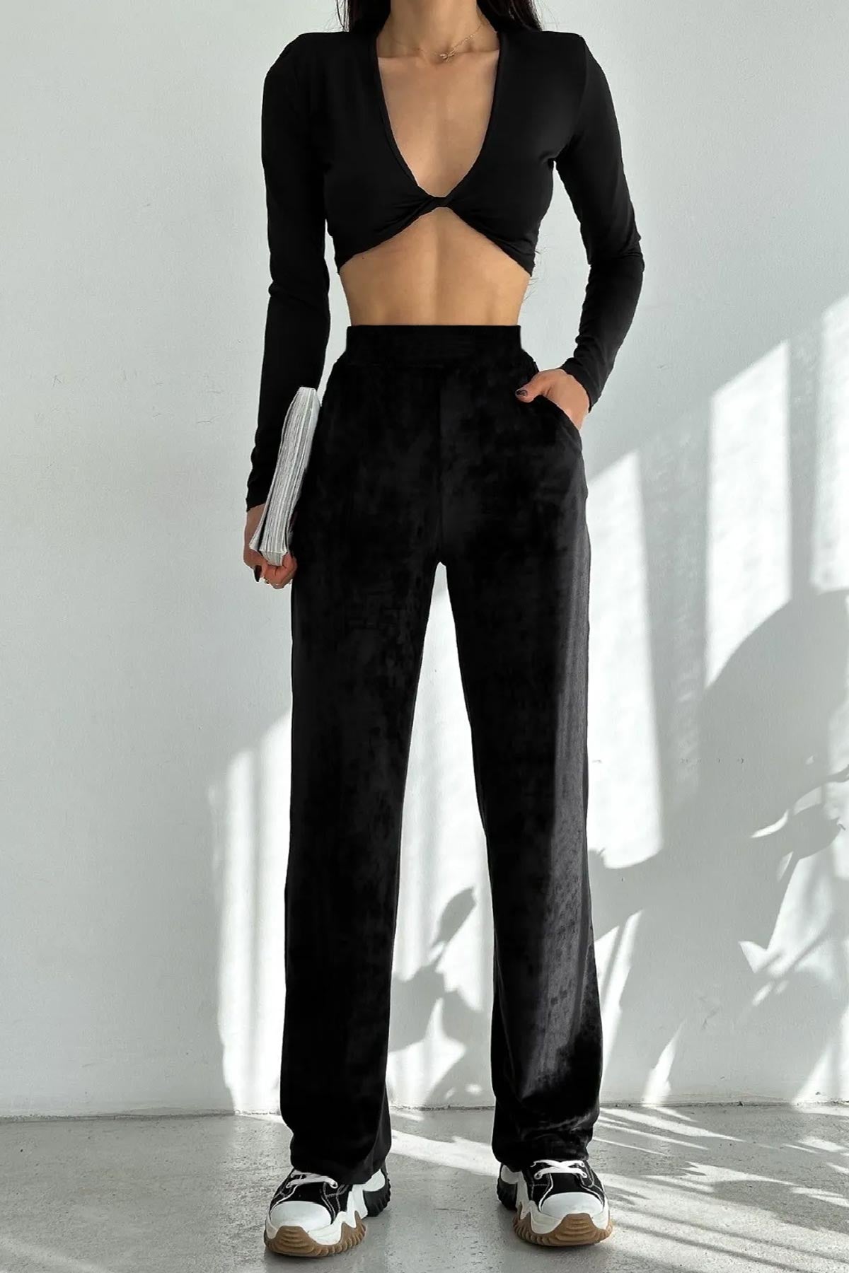 Megfit Kadın Tek Alt Pantalon Kadife Yüksek Bel Geniş Paça