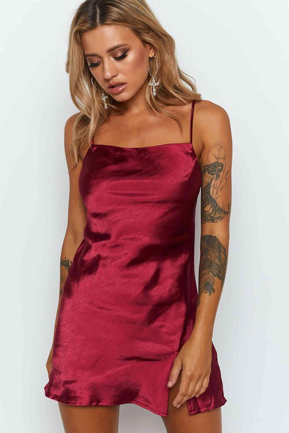Merry See Kadın Yırtmaçlı Mini Saten Elbise