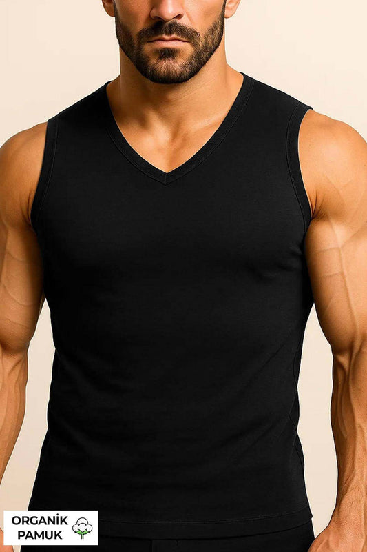 Mısırlı Erkek Sporcu Atlet V Yaka Kolsuz Organik Pamuklu