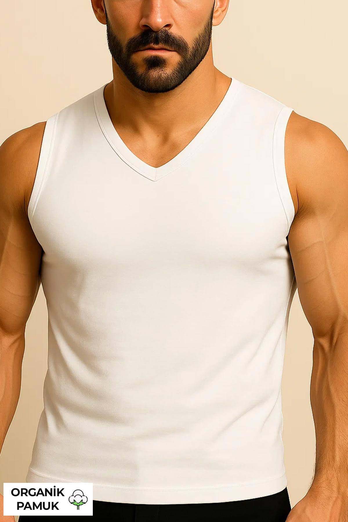 Mısırlı Erkek Sporcu Atlet V Yaka Kolsuz Organik Pamuklu