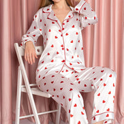 Nbb Kadın Pijama Takımı Gömlek Yaka Saten Kalp Desenli